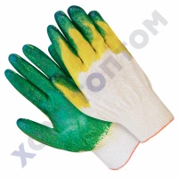 Перчатки рабочие ХБ 13 класс с двойным латексным покрытием глубокого макания желто-зелёные
