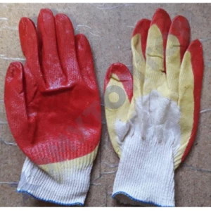 Перчатки рабочие ХБ 13 класс с двойным латексным покрытием глубокого макания красно-жёлтые